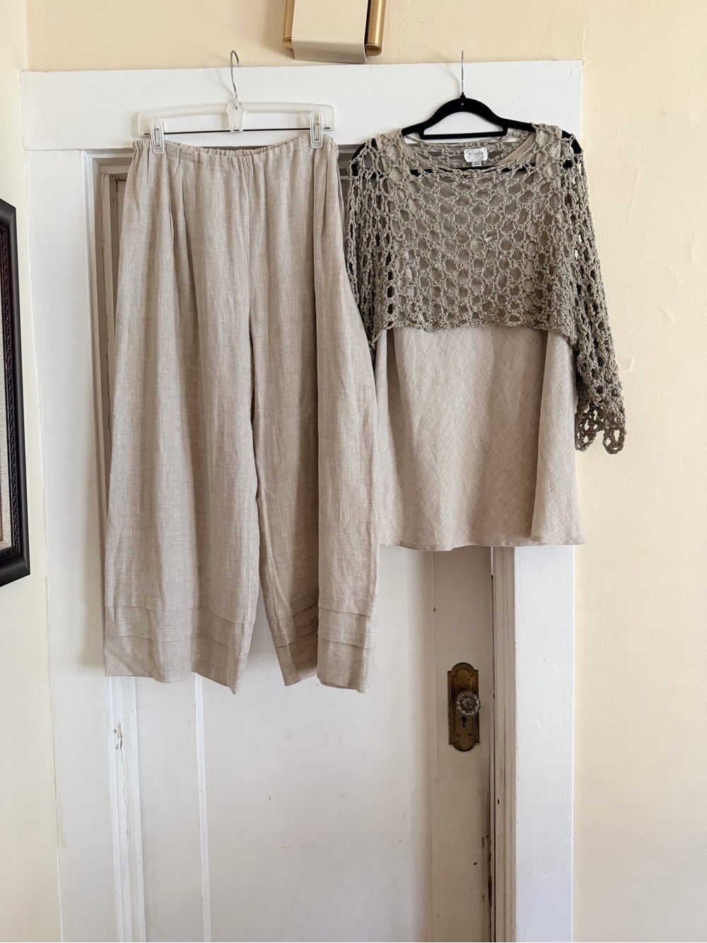 Go Lightly 3-Piece Linen Lagenlook Set Size 3 Pants Tunic Crochet Top Made USA